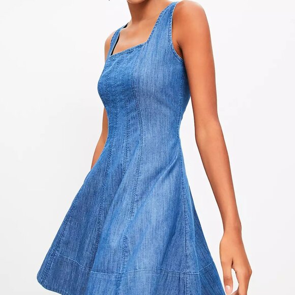 LOFT Chambray Seamed Mini Flare Dress 10 Square Neck - Picture 15 of 15